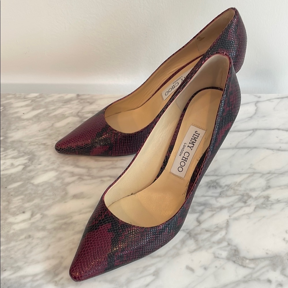 Jimmy Choo Burgundy Snake Embossed Leather Romy Pumps